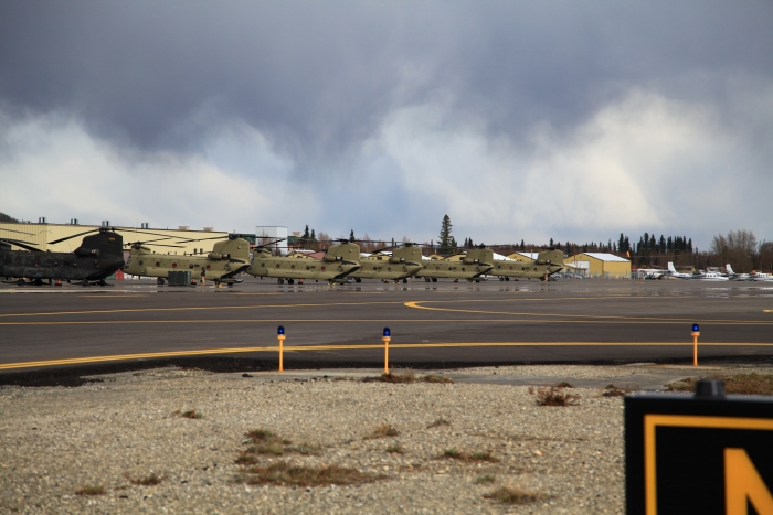29 April 2012: Sortie 3, flight of four, CH-47F Chinook helicopters arrive at Ladd Field, Fort Wainwright, Alaska. They parked equally on either side of 774 which arrived earlier in the month.